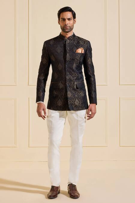 Raghavendra Rathore Jodhpur Black Brocade Embroidery Ornate Golden Bandhgala Jacket Online at Aza Fashions Raghavendra Rathore Jodhpur_Black Brocade Embroidery Ornate Golden Bandhgala Jacket _Online_at_Aza_Fashions