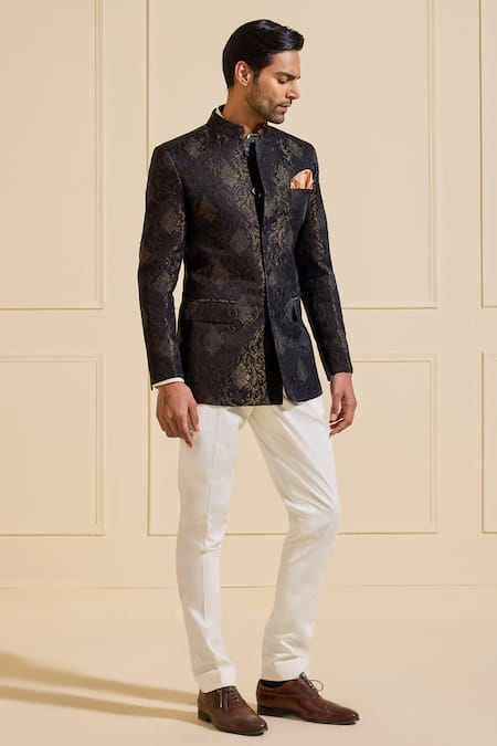 Buy Raghavendra Rathore Jodhpur Black Brocade Embroidery Ornate Golden Bandhgala Jacket Online at Aza Fashions Buy_Raghavendra Rathore Jodhpur_Black Brocade Embroidery Ornate Golden Bandhgala Jacket _Online_at_Aza_Fashions