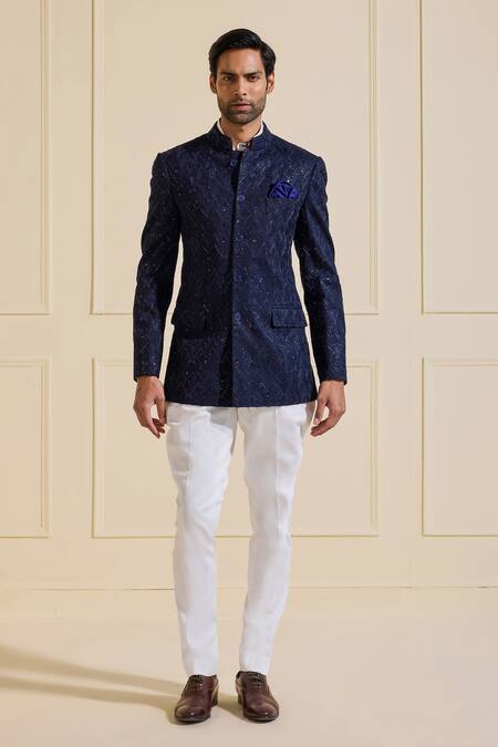 Raghavendra Rathore Jodhpur Blue Silk Embroidery Glamorous Bandhgala Jacket Online at Aza Fashions Raghavendra Rathore Jodhpur_Blue Silk Embroidery Glamorous Bandhgala Jacket _Online_at_Aza_Fashions