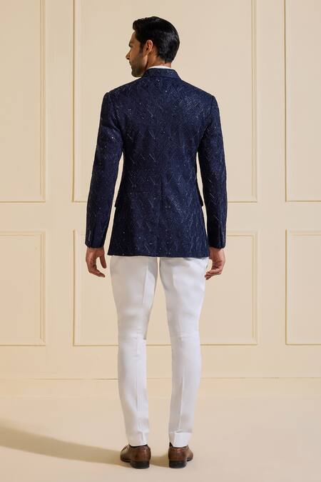 Shop Raghavendra Rathore Jodhpur Blue Silk Embroidery Glamorous Bandhgala Jacket at Aza Fashions Shop_Raghavendra Rathore Jodhpur_Blue Silk Embroidery Glamorous Bandhgala Jacket _at_Aza_Fashions