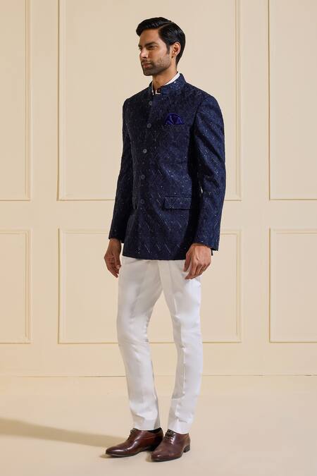 Shop Raghavendra Rathore Jodhpur Blue Silk Embroidery Glamorous Bandhgala Jacket Online at Aza Fashions Shop_Raghavendra Rathore Jodhpur_Blue Silk Embroidery Glamorous Bandhgala Jacket _Online_at_Aza_Fashions