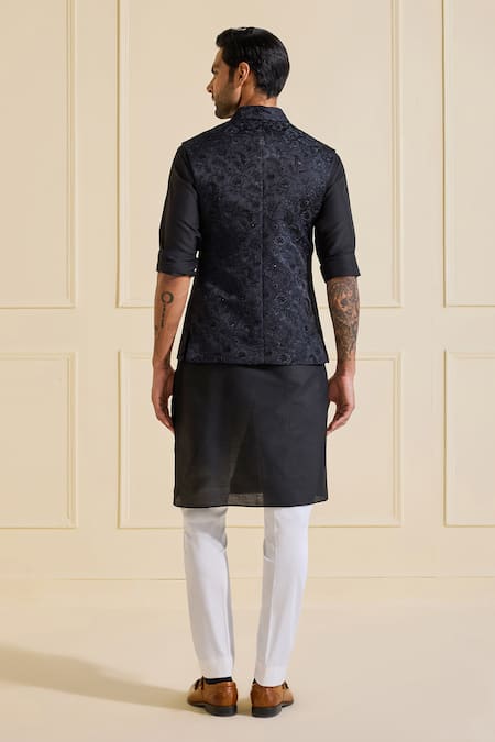 Shop Raghavendra Rathore Jodhpur Navy Silk Nehru Jacket Set In Ebony Enchantment at Aza Fashions Shop_Raghavendra Rathore Jodhpur_Navy Silk Nehru Jacket Set In Ebony Enchantment _at_Aza_Fashions