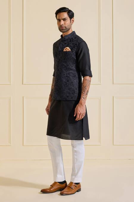 Raghavendra Rathore Jodhpur Navy Silk Nehru Jacket Set In Ebony Enchantment Online at Aza Fashions Raghavendra Rathore Jodhpur_Navy Silk Nehru Jacket Set In Ebony Enchantment _Online_at_Aza_Fashions