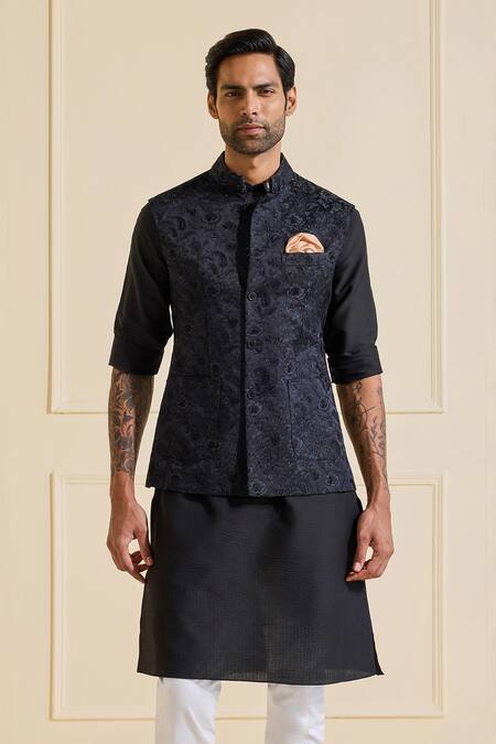Shop Raghavendra Rathore Jodhpur Navy Silk Nehru Jacket Set In Ebony Enchantment Online at Aza Fashions Shop_Raghavendra Rathore Jodhpur_Navy Silk Nehru Jacket Set In Ebony Enchantment _Online_at_Aza_Fashions