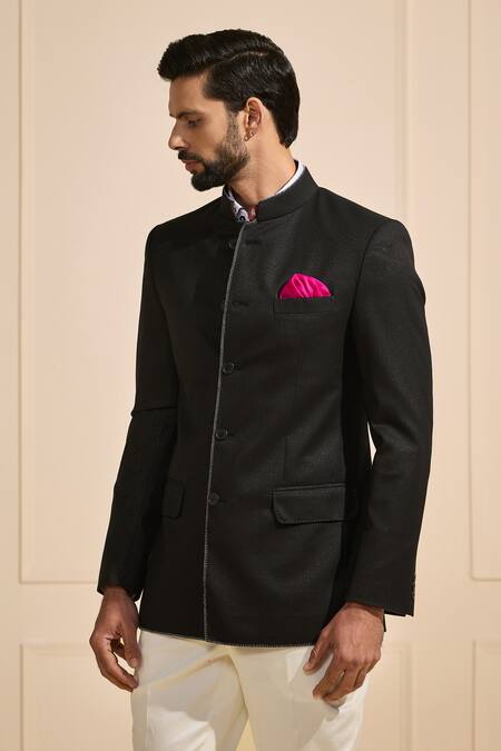 Shop Raghavendra Rathore Jodhpur Black Satin Opulent Sheen Bandhgala Online at Aza Fashions Shop_Raghavendra Rathore Jodhpur_Black Satin Opulent Sheen Bandhgala _Online_at_Aza_Fashions