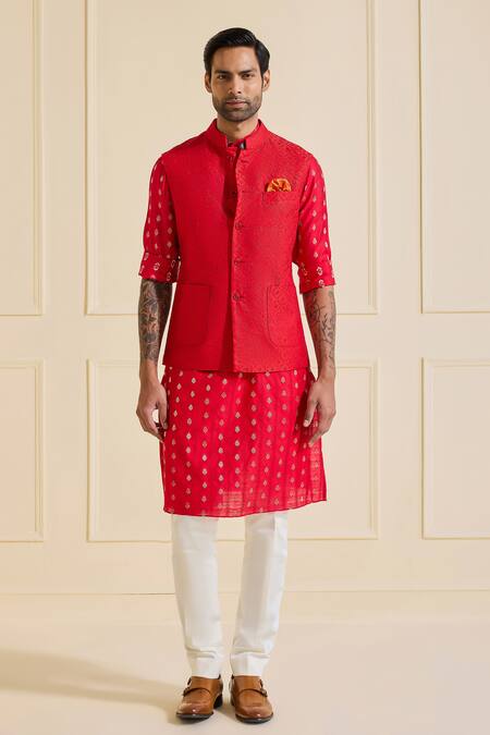 Raghavendra Rathore Jodhpur Red Silk Regal Scarlet Nehru Jacket Set Online at Aza Fashions Raghavendra Rathore Jodhpur_Red Silk Regal Scarlet Nehru Jacket Set _Online_at_Aza_Fashions