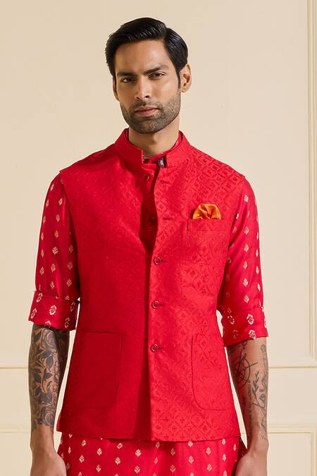 Shop Raghavendra Rathore Jodhpur Red Silk Regal Scarlet Nehru Jacket Set Online at Aza Fashions Shop_Raghavendra Rathore Jodhpur_Red Silk Regal Scarlet Nehru Jacket Set _Online_at_Aza_Fashions
