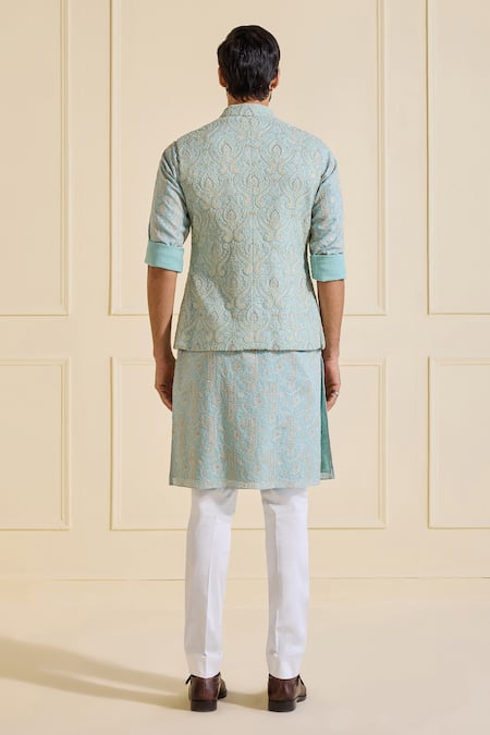 Shop Raghavendra Rathore Jodhpur Blue Silk Embroidery Embellished Charm Powder Nehru Jacket at Aza Fashions Shop_Raghavendra Rathore Jodhpur_Blue Silk Embroidery Embellished Charm Powder Nehru Jacket _at_Aza_Fashions