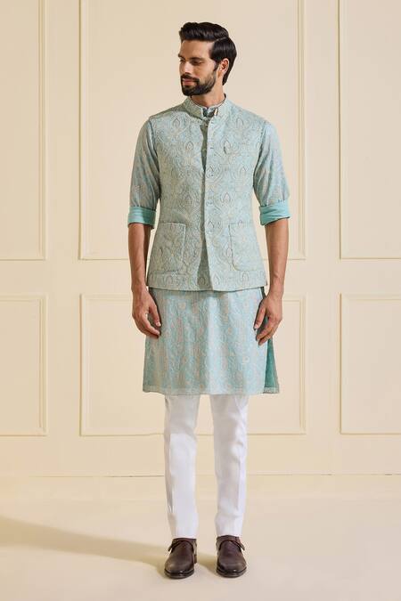Raghavendra Rathore Jodhpur Blue Silk Embroidery Embellished Charm Powder Nehru Jacket Online at Aza Fashions Raghavendra Rathore Jodhpur_Blue Silk Embroidery Embellished Charm Powder Nehru Jacket _Online_at_Aza_Fashions