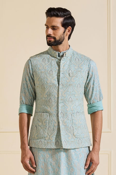 Buy Raghavendra Rathore Jodhpur Blue Silk Embroidery Embellished Charm Powder Nehru Jacket Online at Aza Fashions Buy_Raghavendra Rathore Jodhpur_Blue Silk Embroidery Embellished Charm Powder Nehru Jacket _Online_at_Aza_Fashions