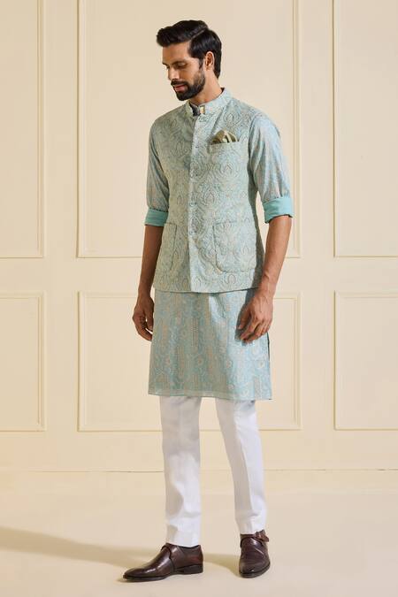 Shop Raghavendra Rathore Jodhpur Blue Silk Embroidery Embellished Charm Powder Nehru Jacket Online at Aza Fashions Shop_Raghavendra Rathore Jodhpur_Blue Silk Embroidery Embellished Charm Powder Nehru Jacket _Online_at_Aza_Fashions