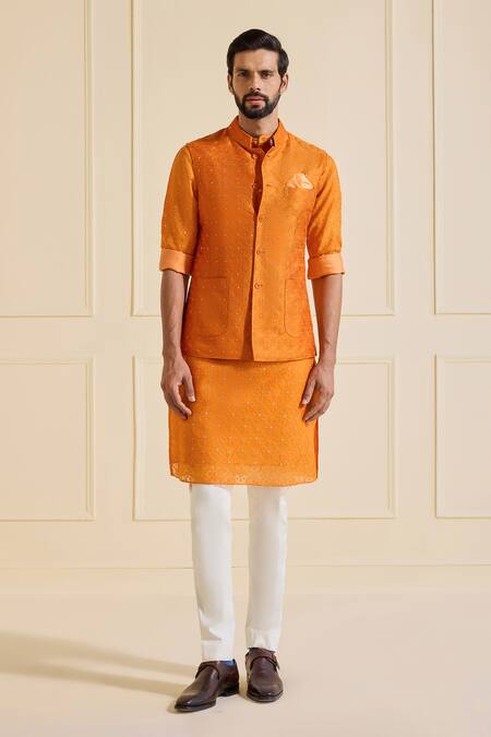 Raghavendra Rathore Jodhpur Orange Silk Exquisite Bundi Set Online at Aza Fashions Raghavendra Rathore Jodhpur_Orange Silk Exquisite Bundi Set _Online_at_Aza_Fashions