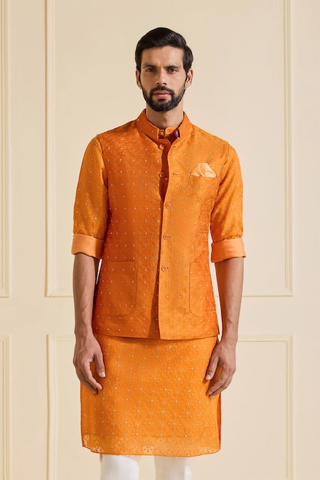 Shop Raghavendra Rathore Jodhpur Orange Silk Exquisite Bundi Set Online at Aza Fashions Shop_Raghavendra Rathore Jodhpur_Orange Silk Exquisite Bundi Set _Online_at_Aza_Fashions