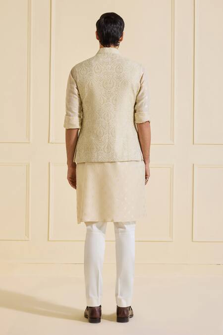Shop_Raghavendra Rathore Jodhpur_Off White Brocade Embroidery Opulent Chic Charm Textured Nehru Jacket _at_Aza_Fashions