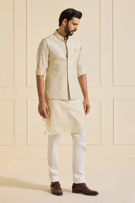 Buy_Raghavendra Rathore Jodhpur_Off White Brocade Embroidery Opulent Chic Charm Textured Nehru Jacket _Online_at_Aza_Fashions