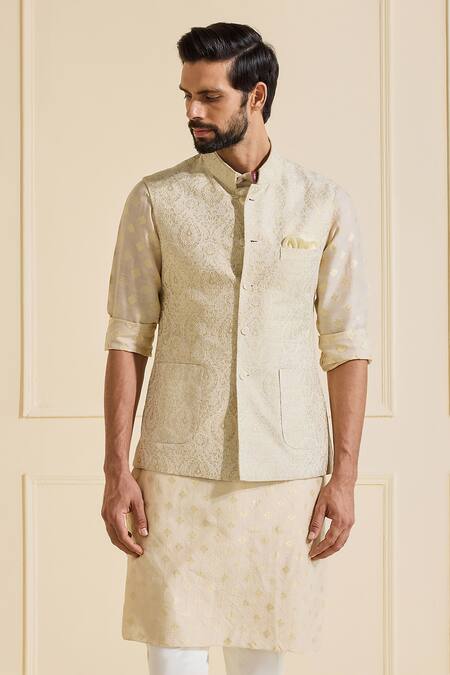 Shop_Raghavendra Rathore Jodhpur_Off White Brocade Embroidery Opulent Chic Charm Textured Nehru Jacket _Online_at_Aza_Fashions