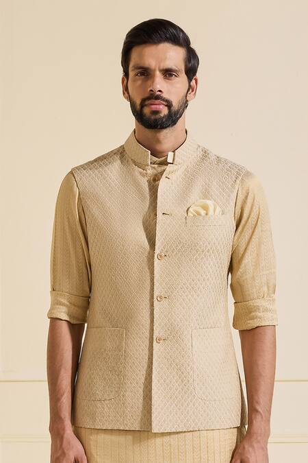 Shop Raghavendra Rathore Jodhpur Gold Silk Textured Nehru Jacket Online at Aza Fashions Shop_Raghavendra Rathore Jodhpur_Gold Silk Textured Nehru Jacket _Online_at_Aza_Fashions
