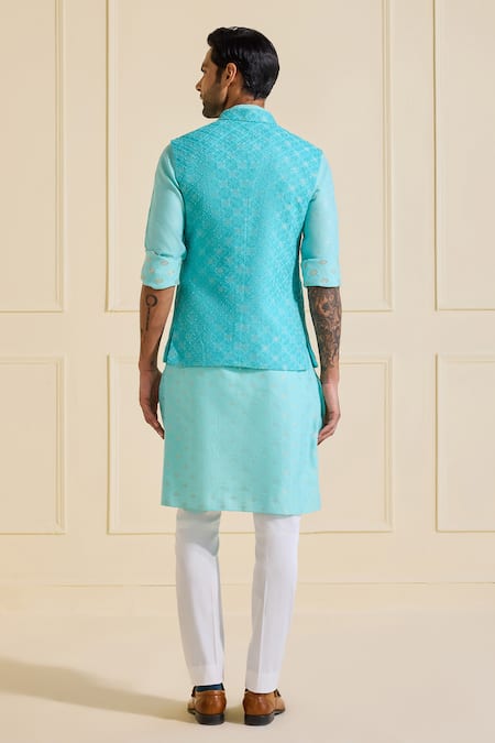 Shop Raghavendra Rathore Jodhpur Turquoise Viscose Skyward Serenity Nehru Jacket Set at Aza Fashions Shop_Raghavendra Rathore Jodhpur_Turquoise Viscose Skyward Serenity Nehru Jacket Set _at_Aza_Fashions