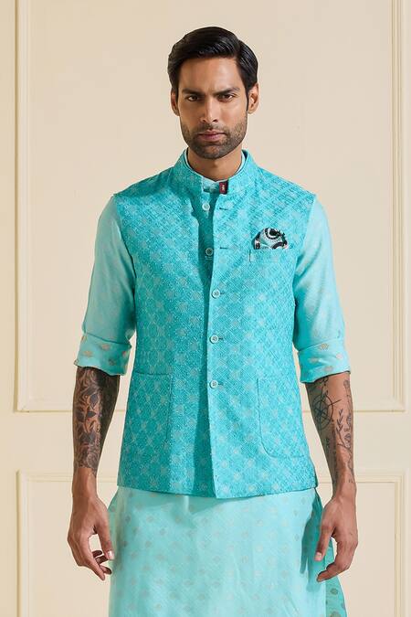 Raghavendra Rathore Jodhpur Turquoise Viscose Skyward Serenity Nehru Jacket Set Online at Aza Fashions Raghavendra Rathore Jodhpur_Turquoise Viscose Skyward Serenity Nehru Jacket Set _Online_at_Aza_Fashions