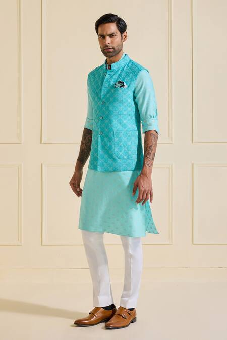 Buy Raghavendra Rathore Jodhpur Turquoise Viscose Skyward Serenity Nehru Jacket Set Online at Aza Fashions Buy_Raghavendra Rathore Jodhpur_Turquoise Viscose Skyward Serenity Nehru Jacket Set _Online_at_Aza_Fashions