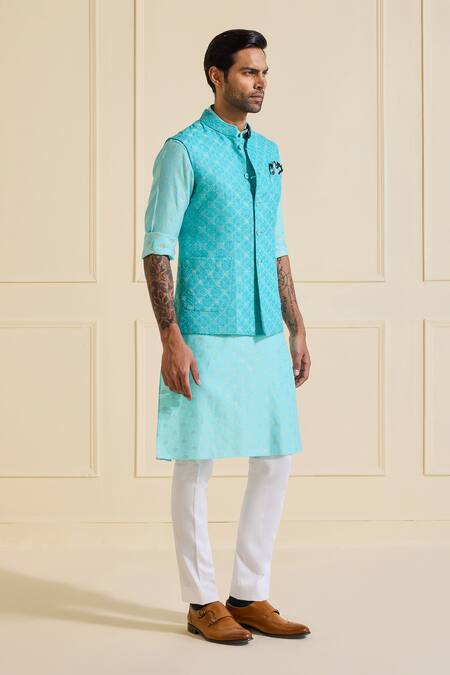 Shop Raghavendra Rathore Jodhpur Turquoise Viscose Skyward Serenity Nehru Jacket Set Online at Aza Fashions Shop_Raghavendra Rathore Jodhpur_Turquoise Viscose Skyward Serenity Nehru Jacket Set _Online_at_Aza_Fashions