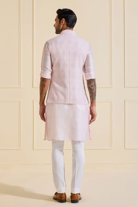 Shop Raghavendra Rathore Jodhpur Pink Viscose, Silk Luminous Bundi Set at Aza Fashions Shop_Raghavendra Rathore Jodhpur_Pink Viscose, Silk Luminous Bundi Set _at_Aza_Fashions