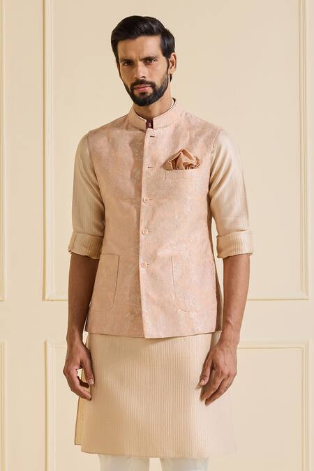 Raghavendra Rathore Jodhpur_Peach Silk Textured Nehru Jacket_Online_at_Aza_Fashions