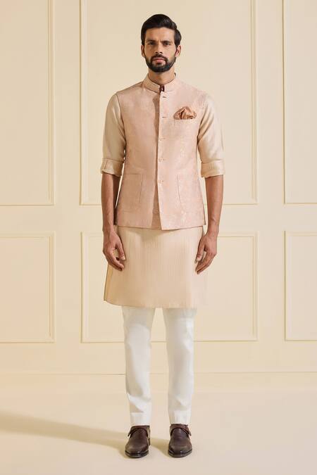 Buy_Raghavendra Rathore Jodhpur_Peach Silk Textured Nehru Jacket_Online_at_Aza_Fashions