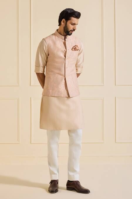 Shop_Raghavendra Rathore Jodhpur_Peach Silk Textured Nehru Jacket_Online_at_Aza_Fashions