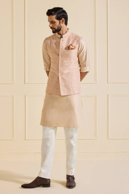 Raghavendra Rathore Jodhpur_Peach Silk Textured Nehru Jacket_at_Aza_Fashions
