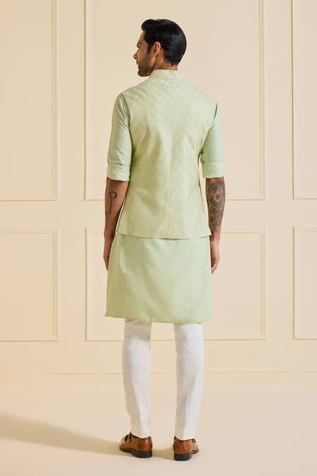 Shop Raghavendra Rathore Jodhpur Green Silk, Viscose Quilted Nehru Jacket Set at Aza Fashions Shop_Raghavendra Rathore Jodhpur_Green Silk, Viscose Quilted Nehru Jacket Set _at_Aza_Fashions