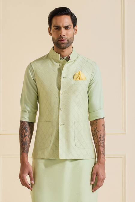 Raghavendra Rathore Jodhpur Green Silk, Viscose Quilted Nehru Jacket Set Online at Aza Fashions Raghavendra Rathore Jodhpur_Green Silk, Viscose Quilted Nehru Jacket Set _Online_at_Aza_Fashions