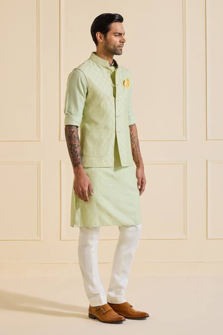 Shop Raghavendra Rathore Jodhpur Green Silk, Viscose Quilted Nehru Jacket Set Online at Aza Fashions Shop_Raghavendra Rathore Jodhpur_Green Silk, Viscose Quilted Nehru Jacket Set _Online_at_Aza_Fashions