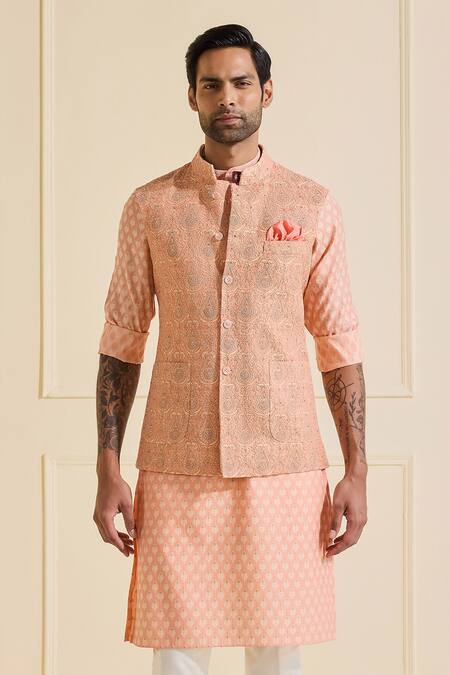 Raghavendra Rathore Jodhpur_Peach Viscose, Silk Ornate Nehru Jacket Set _Online_at_Aza_Fashions