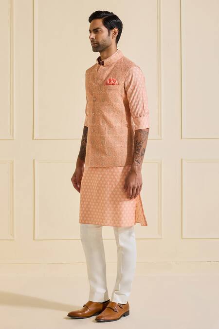 Buy_Raghavendra Rathore Jodhpur_Peach Viscose, Silk Ornate Nehru Jacket Set _Online_at_Aza_Fashions