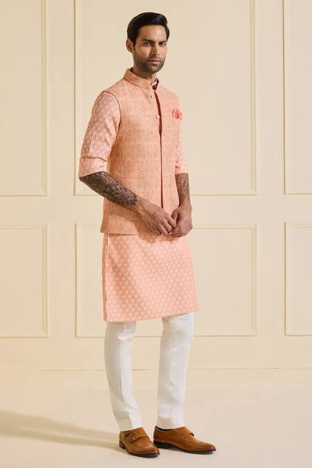 Shop_Raghavendra Rathore Jodhpur_Peach Viscose, Silk Ornate Nehru Jacket Set _Online_at_Aza_Fashions