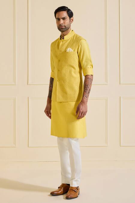 Raghavendra Rathore Jodhpur_Yellow Viscose, Silk Designer Nehru Jacket Set_Online_at_Aza_Fashions