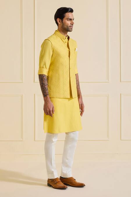 Buy_Raghavendra Rathore Jodhpur_Yellow Viscose, Silk Designer Nehru Jacket Set_Online_at_Aza_Fashions
