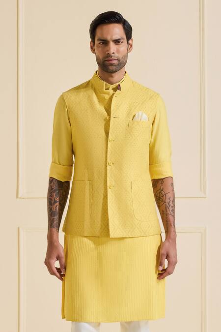 Shop_Raghavendra Rathore Jodhpur_Yellow Viscose, Silk Designer Nehru Jacket Set_Online_at_Aza_Fashions