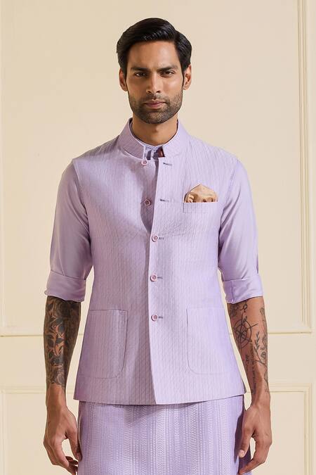 Shop Raghavendra Rathore Jodhpur Lavender Viscose, Silk Bespoke Eclat Nehru Jacket Set Online at Aza Fashions Shop_Raghavendra Rathore Jodhpur_Lavender Viscose, Silk Bespoke Eclat Nehru Jacket Set _Online_at_Aza_Fashions