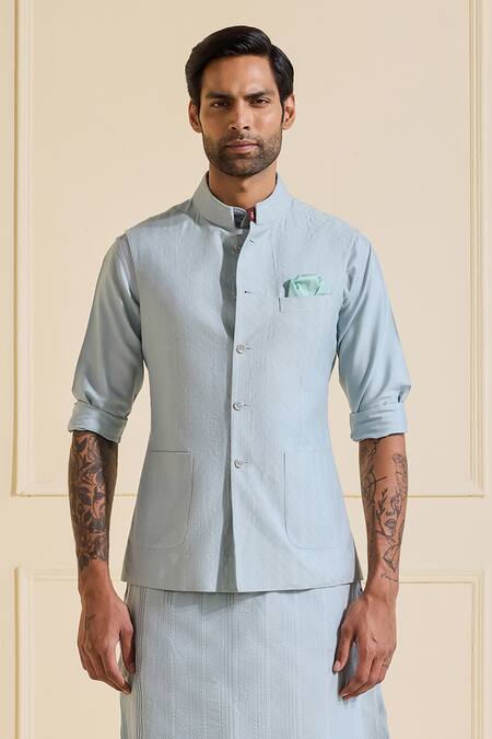 Shop Raghavendra Rathore Jodhpur Blue Viscose Classic Ice Nehru Jacket Set Online at Aza Fashions Shop_Raghavendra Rathore Jodhpur_Blue Viscose Classic Ice Nehru Jacket Set _Online_at_Aza_Fashions