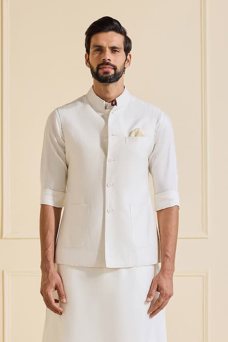 Shop Raghavendra Rathore Jodhpur White Viscose, Silk Opulent Ivory Nehru Jacket Set Online at Aza Fashions Shop_Raghavendra Rathore Jodhpur_White Viscose, Silk Opulent Ivory Nehru Jacket Set _Online_at_Aza_Fashions