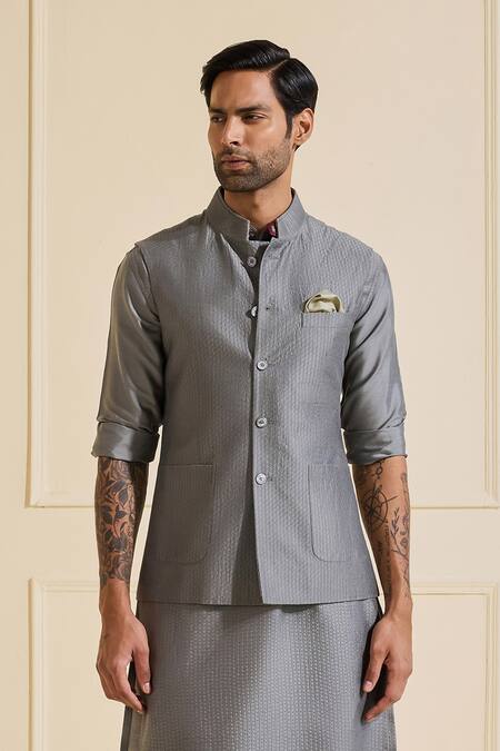Shop Raghavendra Rathore Jodhpur Gray Viscose, Silk Designer Nehru Jacket Set Online at Aza Fashions Shop_Raghavendra Rathore Jodhpur_Gray Viscose, Silk Designer Nehru Jacket Set _Online_at_Aza_Fashions