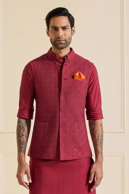 Buy_Raghavendra Rathore Jodhpur_Maroon Viscose Aristocrat Nehru Jacket Set _Online_at_Aza_Fashions