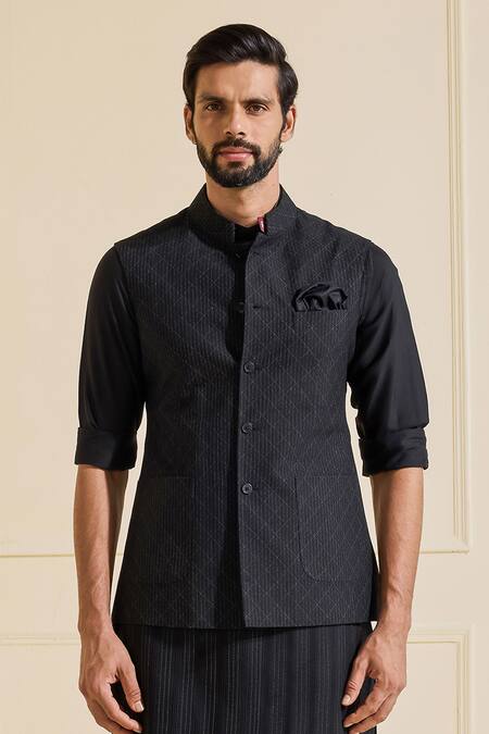 Shop Raghavendra Rathore Jodhpur Black Viscose, Silk Designer Nehru Jacket Online at Aza Fashions Shop_Raghavendra Rathore Jodhpur_Black Viscose, Silk Designer Nehru Jacket _Online_at_Aza_Fashions