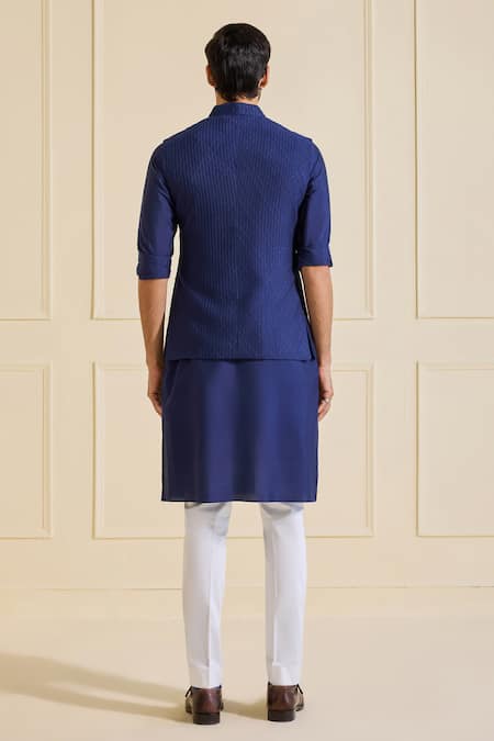 Shop Raghavendra Rathore Jodhpur Navy Viscose, Silk Nehru Jacket Set In Luxe Deep Blue at Aza Fashions Shop_Raghavendra Rathore Jodhpur_Navy Viscose, Silk Nehru Jacket Set In Luxe Deep Blue _at_Aza_Fashions