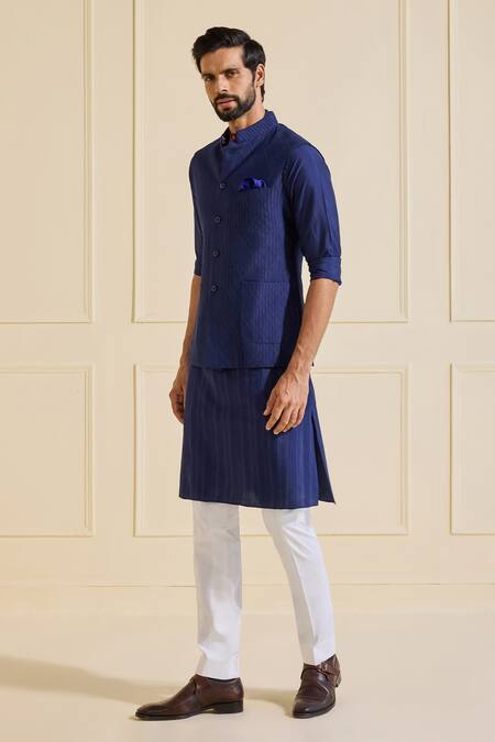Raghavendra Rathore Jodhpur Navy Viscose, Silk Nehru Jacket Set In Luxe Deep Blue Online at Aza Fashions Raghavendra Rathore Jodhpur_Navy Viscose, Silk Nehru Jacket Set In Luxe Deep Blue _Online_at_Aza_Fashions