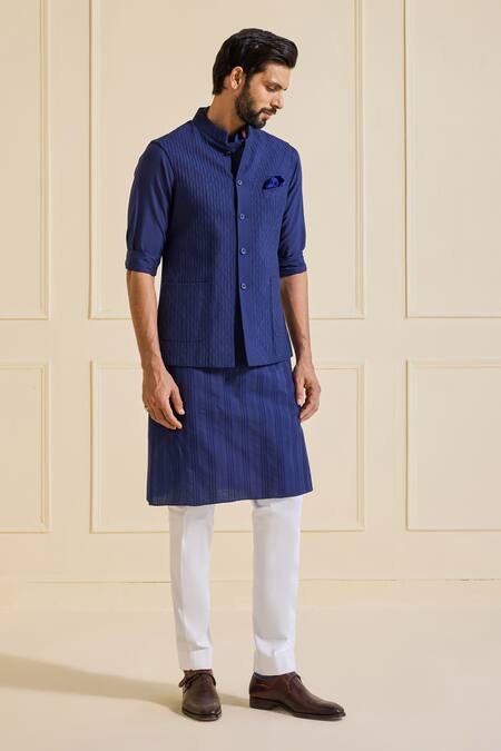 Shop Raghavendra Rathore Jodhpur Navy Viscose, Silk Nehru Jacket Set In Luxe Deep Blue Online at Aza Fashions Shop_Raghavendra Rathore Jodhpur_Navy Viscose, Silk Nehru Jacket Set In Luxe Deep Blue _Online_at_Aza_Fashions