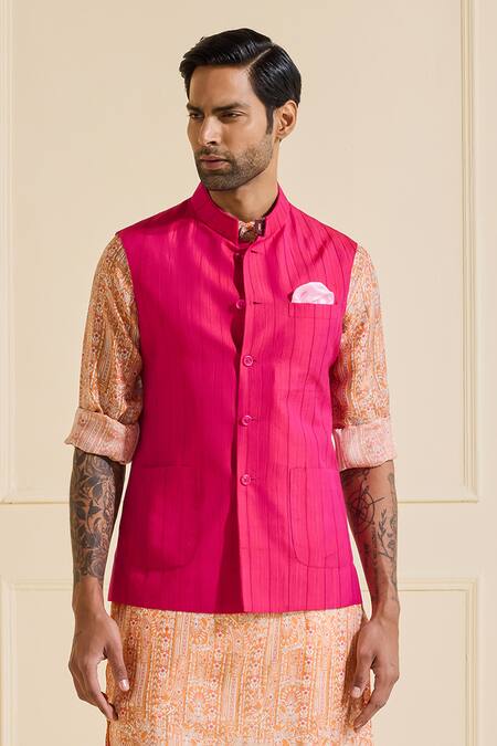 Shop Raghavendra Rathore Jodhpur Pink Dupion, Silk Tailored Nehru Jacket Online at Aza Fashions Shop_Raghavendra Rathore Jodhpur_Pink Dupion, Silk Tailored Nehru Jacket _Online_at_Aza_Fashions
