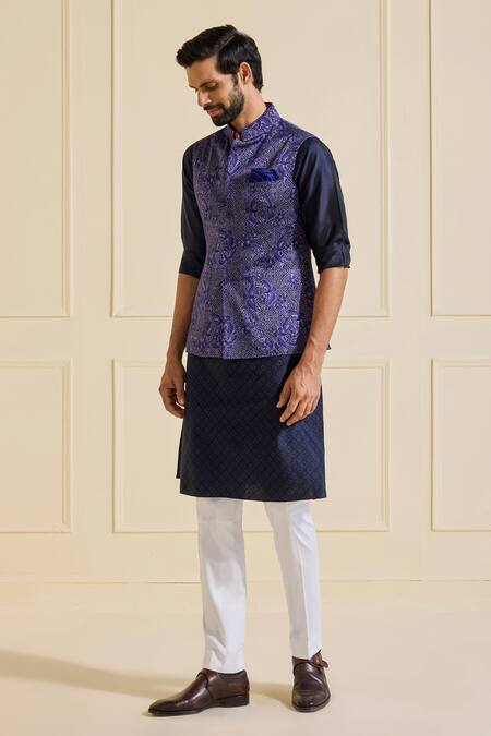 Raghavendra Rathore Jodhpur Blue Linen Printed Bundi Jacket Online at Aza Fashions Raghavendra Rathore Jodhpur_Blue Linen Printed Bundi Jacket _Online_at_Aza_Fashions